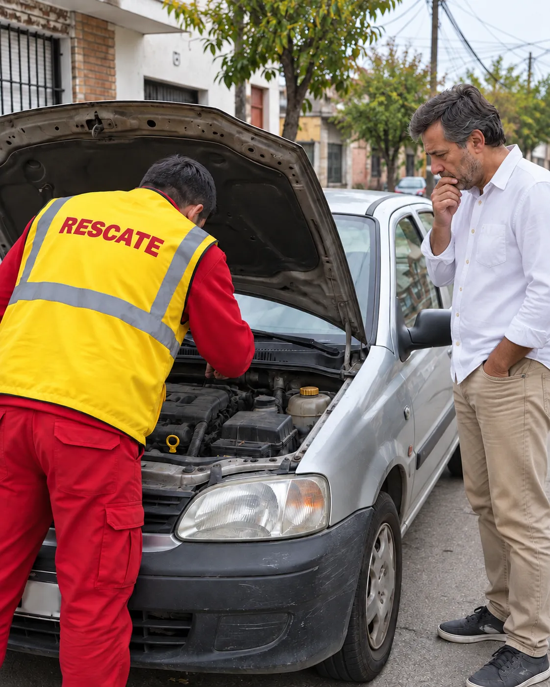 Técnico de Rescate revisando el motor de un auto con años