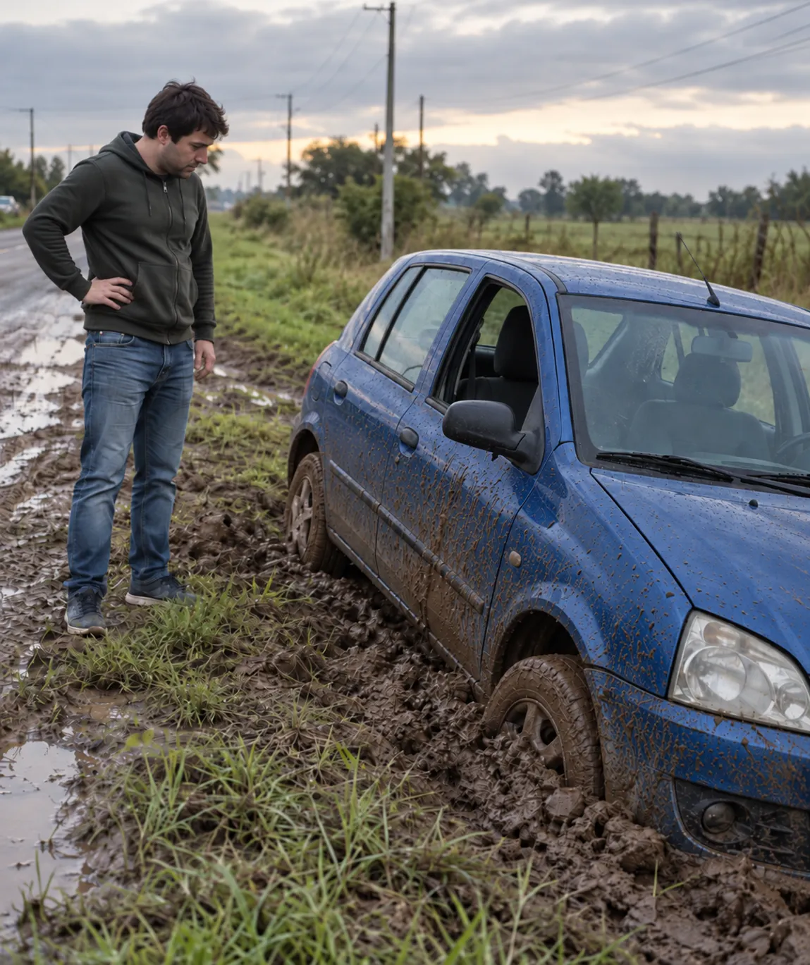 Hombre junto a su auto azul encajado en el barro al costado de la ruta