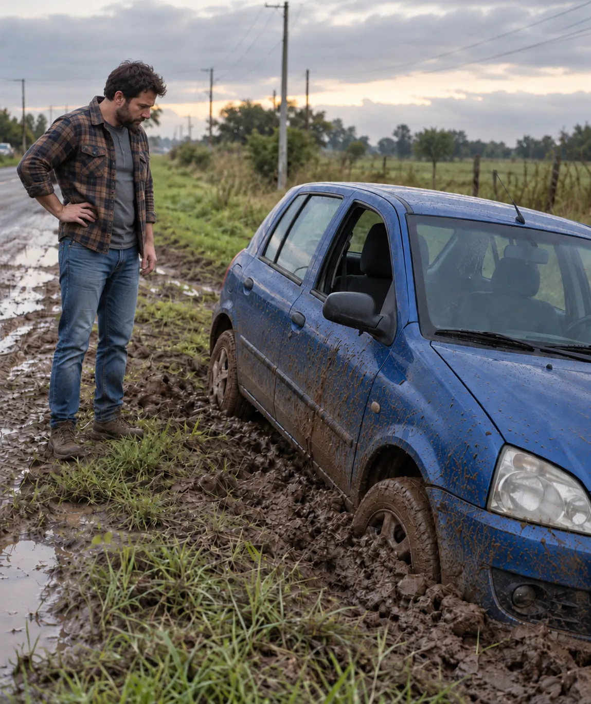 Hombre junto a su auto azul encajado en el barro al costado de la ruta