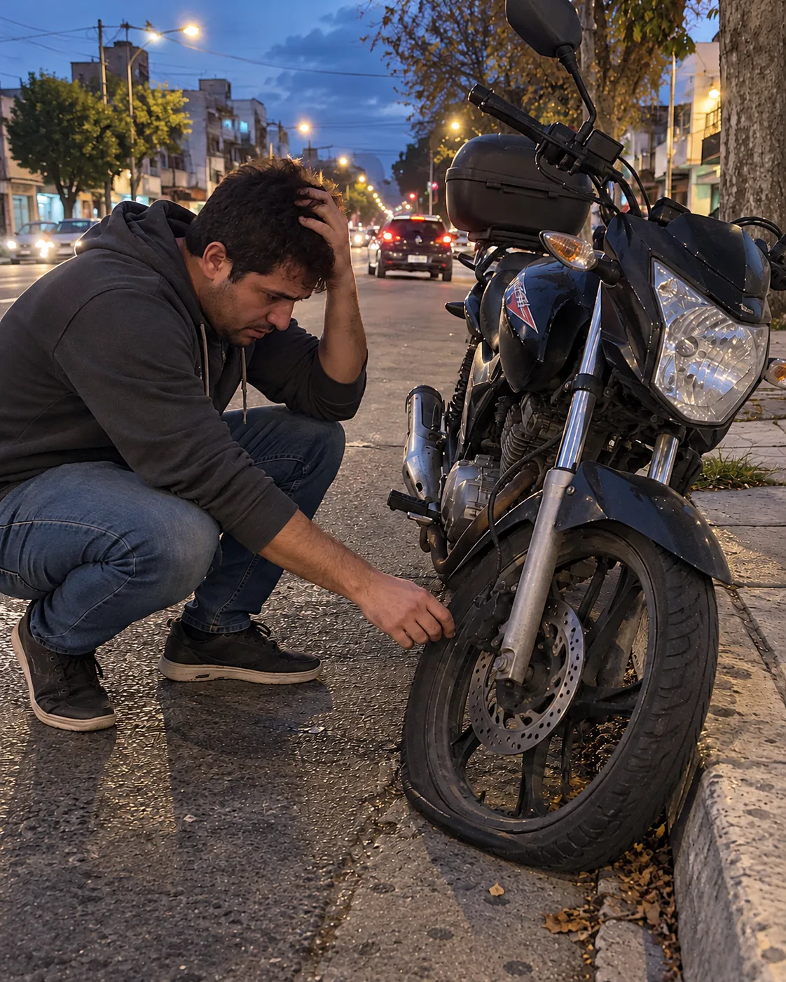 Motociclista con la rueda pinchada de noche
