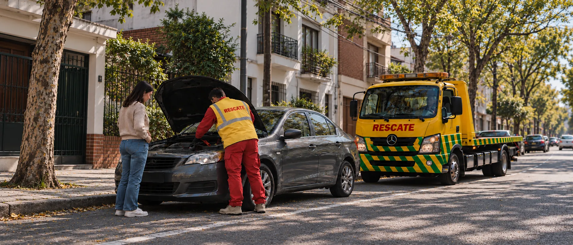 Técnico de Rescate pasando batería a un auto