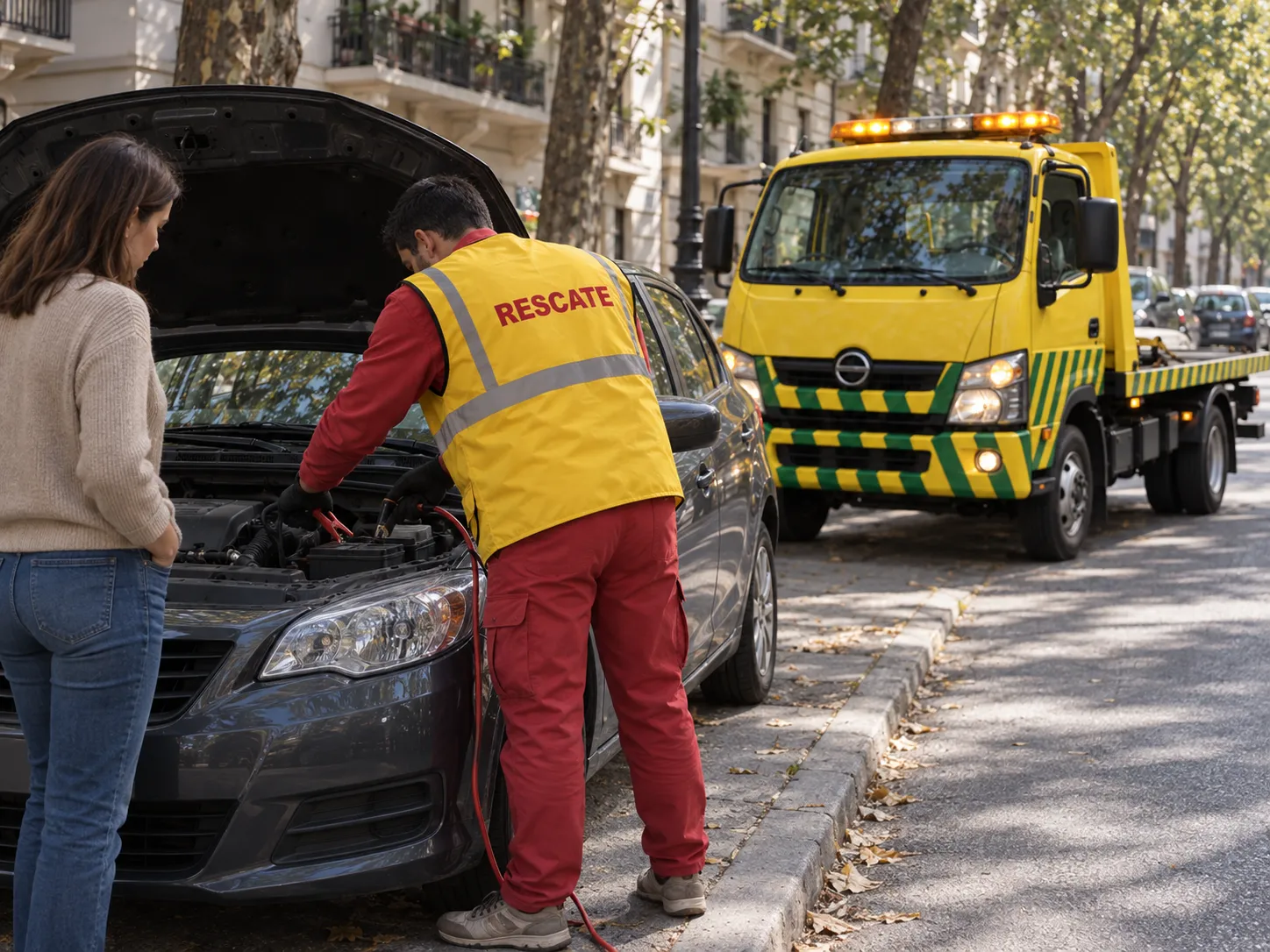 Técnico de Rescate pasando batería a un auto