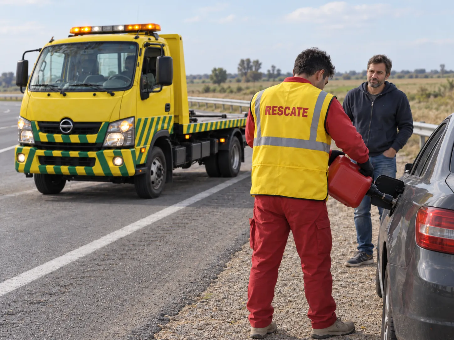 Técnico de Rescate cargando nafta con un bidón en la ruta