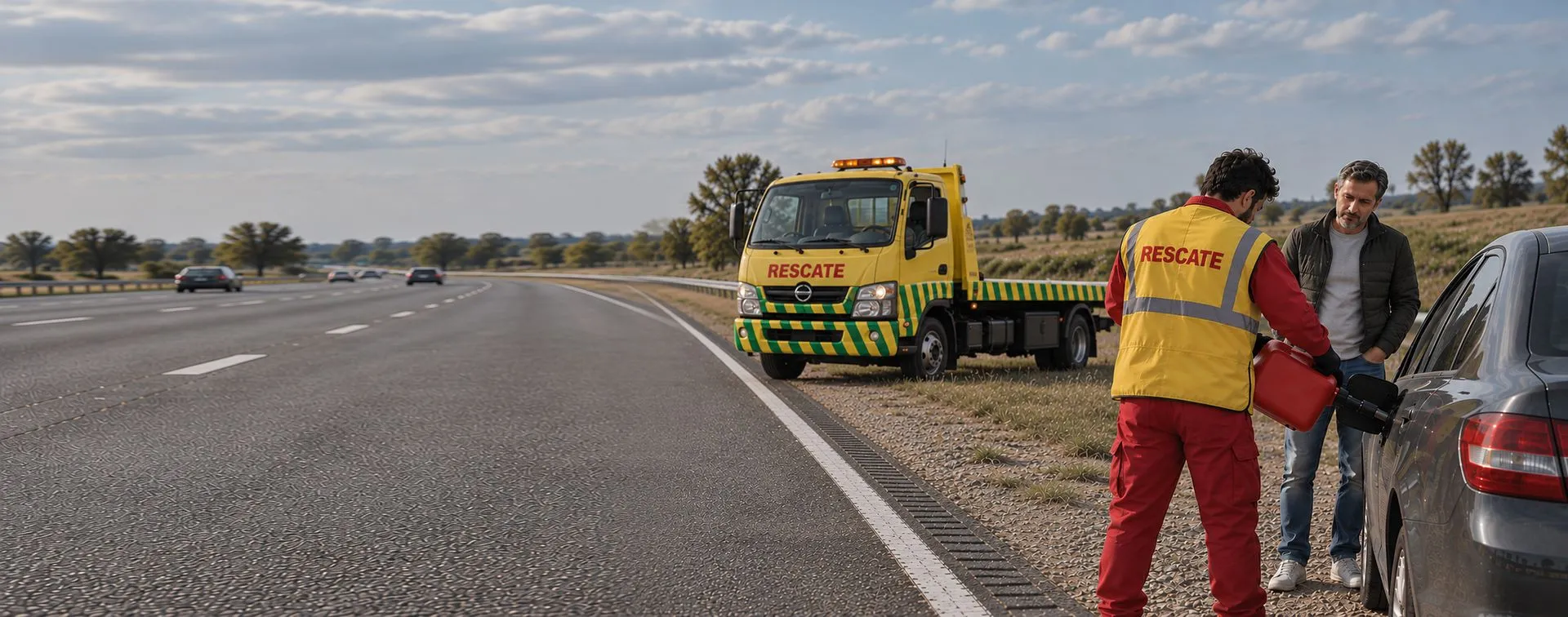 Técnico de Rescate cargando nafta en la banquina de la ruta
