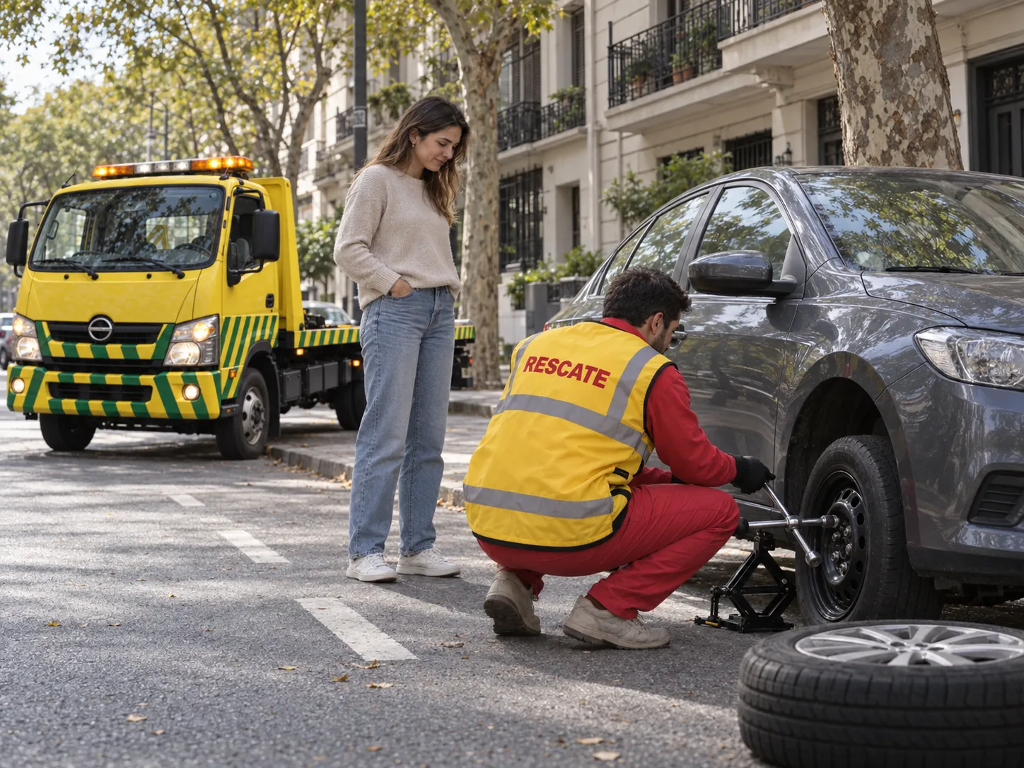 Técnico de Rescate cambiando una rueda pinchada